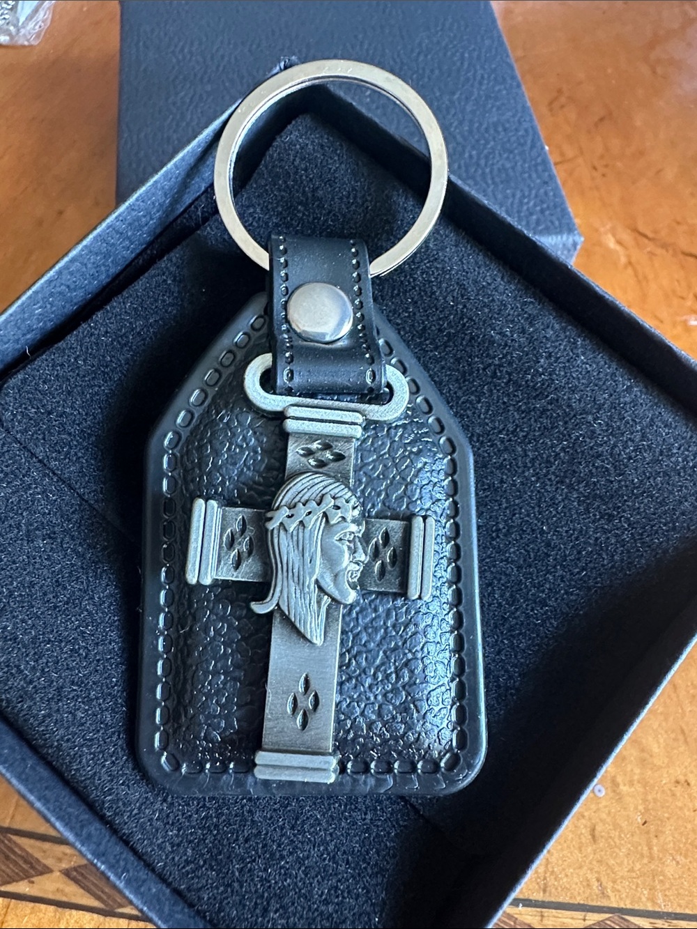 Hand Crafted Black Leather Keychain with Silver Jesus Cross